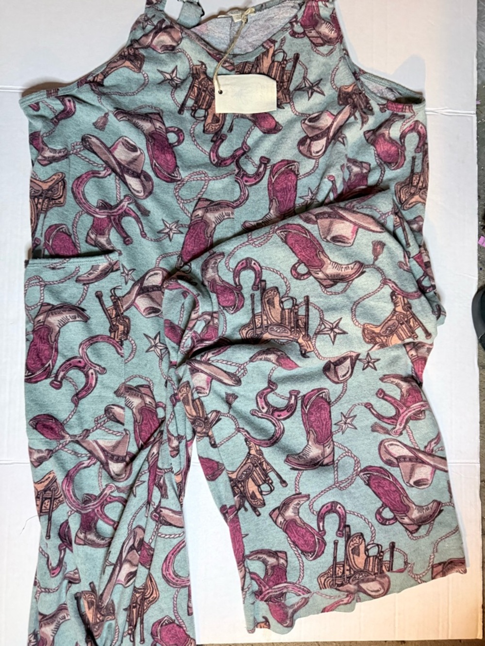 easel Western Print Romper in Mint Green and Plum - Picture 6 of 6